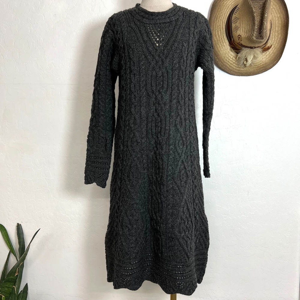 The Irish Store Aran Sweater Dress M 100% Merino Wool Charcoal Grey Cable Knit